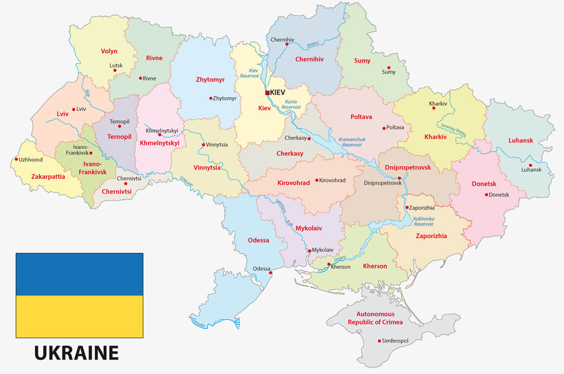Carte administrative et politique de l'Ukraine avec drapeau